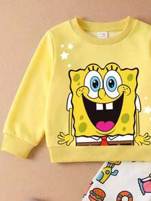 SpongeBob SquarePants | SHEIN GraphicGems 小男孩春秋兩件套，亮黃色可愛卡通印花上衣，創意水下滿版印花收口長褲休閒套裝 - 黃色 - 查看 5