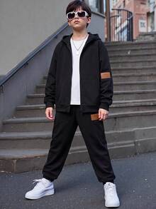SHEIN 1件兒童青少年男孩休閒學院風字母拼接圖案黑色連帽夾克，舒適梭織面料，適合學校、花園、海灘、生日，春夏秋冬，黑色、棕色 - 黑色 - 查看 5