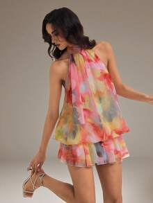 SHEIN Tall 女款優雅花卉印花掛脖繫帶迷你洋裝 - 彩色 - 查看 1