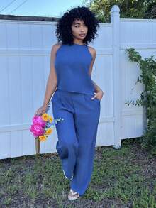 Alexandranx Women's Summer Striped Spaghetti Strap Top And Pants Casual 2 Pieces Set Lounge Sets For Women Short Sets For Women Elegant - Navy Blue - View 5