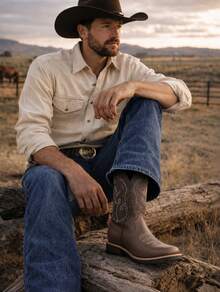 Genuine Leather Boots With Cowboy Rodeo Style Stitched Sole Skirt - Cafe - View 3