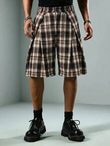 ROMWE MEN Street Life Men's Casual Pocket Button Pleated Plaid Shorts - Khaki - View 3