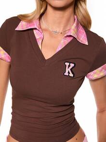 Mean Girls | ROMWE Women's 2 In 1 Colorblock Plaid Applique Embroidery Slim Fit Waist-Cinched Meangirls Preppy Casual Y2k V-Neck Shirt Everyday School Brown And Pink - Mocha Brown - View 6