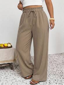SHEIN Frenchy Plus Size Striped Drawstring Waist Casual Versatile Daily Wear Long Pants Fall - Multicolor - View 6