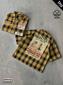 LOONEY TUNES X SHEIN PAVTROS 男士休闲时尚街头图案字母印花短袖衬衫，适合日常通勤和上学，夏季穿着 - 彩色 - 查看 3