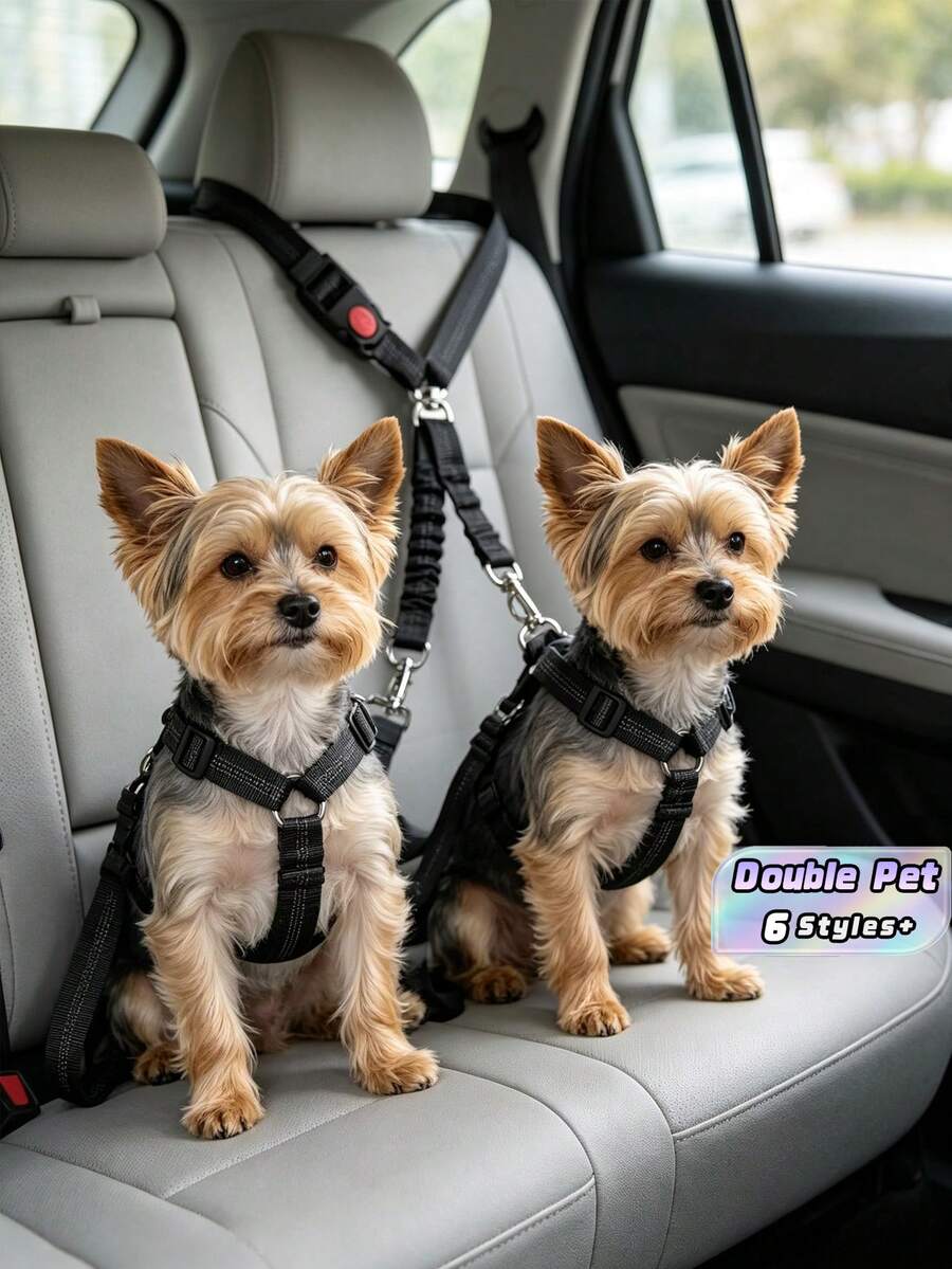 1Pc Adjustable Dual Dog Car Seat Belt, Elastic Retractable Pet Vehicle Safety Leash, Shock Absorbing Travel Restraint For Two Dogs Driving Trip - Multicolor - View 1