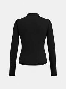 SHEIN Serisse Kids Tween Girl Casual Modest All Black Line Yoga Sports Slim Fit Zip-Up Stand Collar Knit Solid Color Top High Waist Leggings Set Summer - Black - View 9