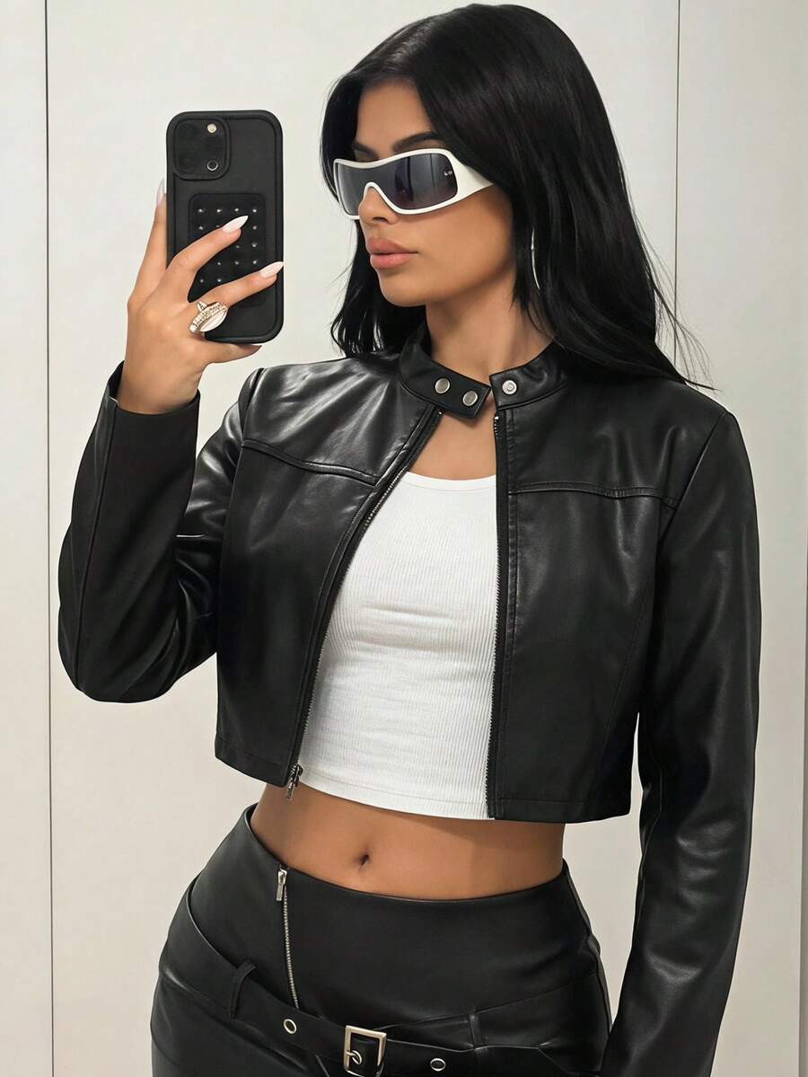 SHEIN 青少年女孩黑色修身短版拉鍊外套,街頭風嬉皮運動休閒基礎舒適長袖外套,適合秋冬穿著 - 黑色 - 查看 1