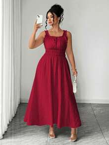 Elenzga Damen-Sommerkleid in Große Größen, A-Linie, quadratischer Ausschnitt, Jacquard, geraffte Taille, ärmellos, mit Schleife, elegant, vintage, romantisch, für Hochzeitsgast, Party und Urlaub, Burgunderrot - Bordeaux - Übersicht 3