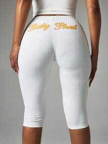 BABYPHAT Script Logo Capri Leggings High Rise Fitted Cropped Leg Casual Everyday Style - White - View 1