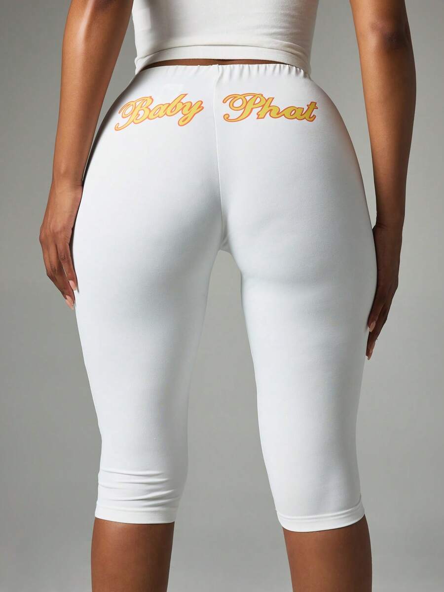 BABYPHAT Script Logo Capri Leggings High Rise Fitted Cropped Leg Casual Everyday Style - White - View 1