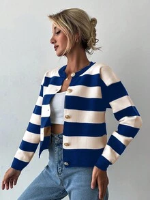 EURMUSE Women's Autumn Striped Long Sleeve Metal Single-Breasted Knit Cardigan - Dusty Blue - View 3