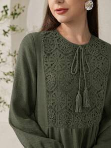 Veilorie 刺繡拼接收腰舒適寬鬆休閒度假日常百搭洋裝 - 軍綠色 - 查看 2