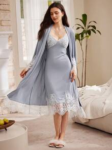 Moireta French Elegant Mature Lace Hollow Camisole Dress & Robe 2 Pieces Pajama Set For Women - Dusty Blue - View 5