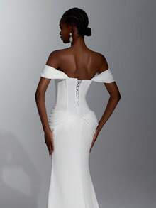 Elitara Elegant Luxurious Satin Off-Shoulder Ruched Bust Fan-Shaped Waist Pleats Flattering Belly Bodycon Mermaid Tail Long Skirt Style, Suitable For Wedding Ceremony, Celebration, Red Carpet Event, Luxury Reception And Evening Party, Outdoor Forest Beach, Multi-Occasion Bridal Gown, Wedding Dress, Wedding Guest Dress, Long Gown - White - View 6