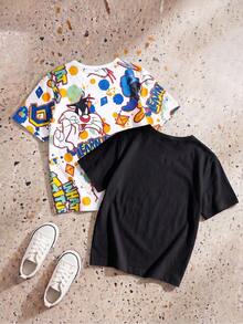 LOONEY TUNES X SHEIN GraphicGems Tween Boy Cool Splatter Cartoon Pattern Print Summer Crew Neck Short Sleeve T-Shirt 2pcs/Pack School White Black Streetwear Casual - Multicolor - View 2