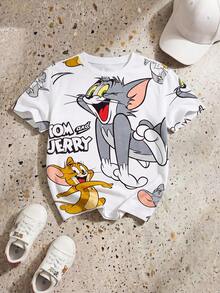 TOM & JERRY X SHEIN GraphicGems 男童休闲趣味卡通字母印花短袖T恤，时尚日常穿着 - 白色 - 查看 6