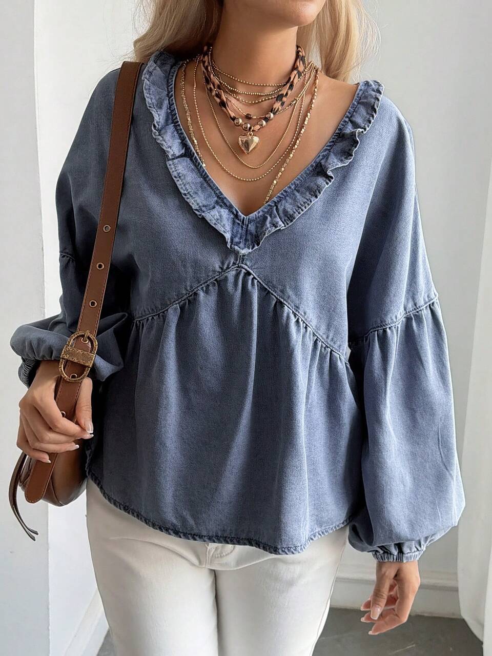 Summer Autumn V-Neck Long Sleeve Ruffle Pleated Waist Loose Blue Washed Casual Cotton Denim Blouse For Women