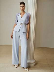 ZEYLAH Elegant Commuter Shawl Collar Sleeveless Blazer Vest - Baby Blue - View 6