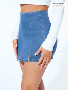 SHEIN PETITE Casual Washed High Waist Slit Denim Shorts ,Petite Women - Blue - View 3
