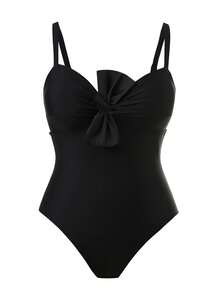 Swim Oasis OASIS Plus Size Vacation Swimwear Set, Black Print Sheer Cover-Up + Twist One-Piece Swimsuit 2 Pieces Set Beach Beige Summer Sexy Elegant - Black - View 3