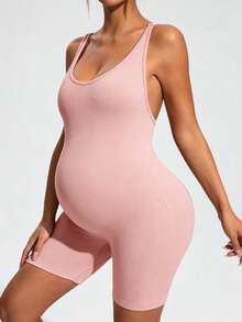 SHEIN Maternity Solid Color Camisole Style Athletic Romper - Pink - View 6