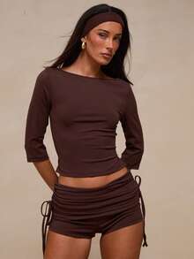 Glamine Women's Solid Chocolate Brown Ribbed Knit Two Piece Outfit, Minimal Y2K Off Shoulder Top With Double Side Drawstring Ruched Shorts Graduation Season. - Brown - View 4