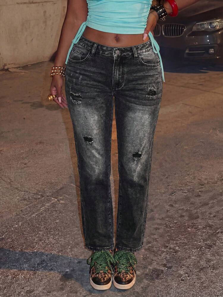 SHEIN SXY Women's Fashion Street Grunge Streetwear Distressed Button Pocket Denim Jeans Night Out Dark Grey Summer - Grey - View 3