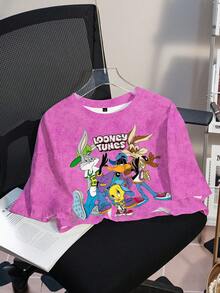 LOONEY TUNES X SHEIN Women's Casual Letter & Cartoon Animal Print Short Sleeve Cropped T-Shirt, Summer Graphic Tees Women Crop Graphic Crop Tops Cropped Graphic Shirt Anime Shirt - White - View 3