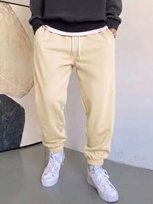 Manfinity Homme Pantalones de chándal casuales de unicolor con cordón en la cintura y bolsillos para uso diario para hombres - Albaricoque - Ver 5