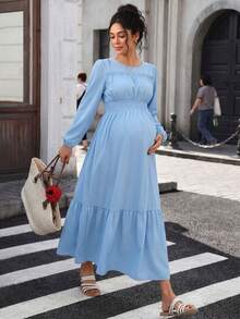 Momance Women's Long Sleeve Ruffle Hem Casual Maternity Elegant Solid Color Dress Photoshoot Dusty Blue Spring Fall - Blue - View 9