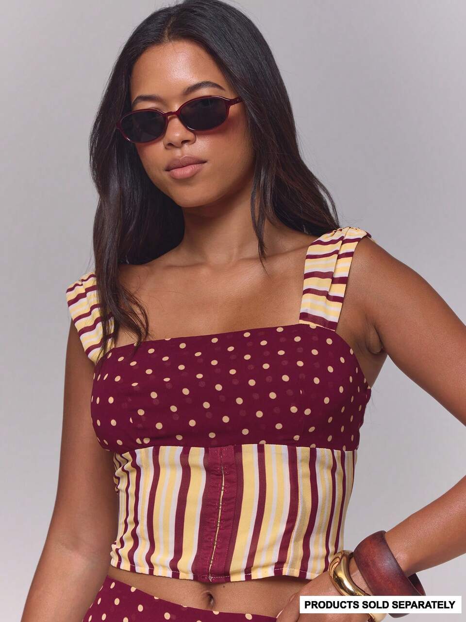 Mixed Polka Dot And Stripe Corset Style Top
