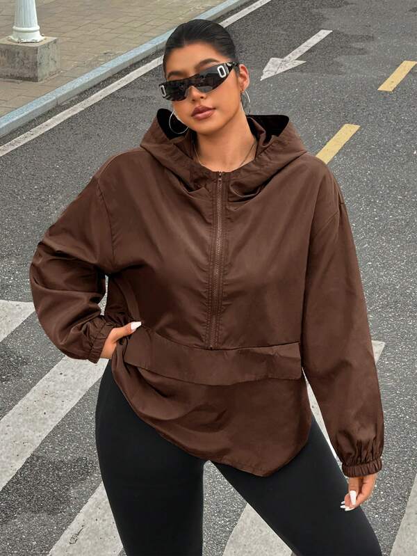 Muchica Coffee Brown Plus Size Women's Dropped Shoulder Long Sleeve Zip-Up Hooded Jacket Autumn Fall