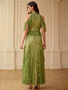 ZEYLAH Spring/Summer Lace Patchwork Ruffle Off-Shoulder Dress - Green - View 4