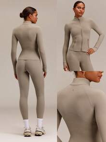 GLOWMODE FeatherFit™ Slim-It Streamline Performance Secure Pockets Zip Up Long Sleeve Jacket Low Impact Yoga Pilates Daily Spring Summer - Khaki - View 9
