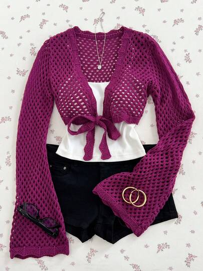 Elamini Cardigan de punto para mujer versátil con encaje calado, lazo y mangas acampanadas, estilo lindo y delicado para la playa