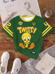 LOONEY TUNES X SHEIN 青少年女孩圓領字母卡通印花休閒日常短袖T恤 - 白色 - 查看 7