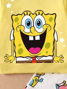 SpongeBob SquarePants | SHEIN GraphicGems 小男孩春秋兩件套，亮黃色可愛卡通印花上衣，創意水下滿版印花收口長褲休閒套裝 - 黃色 - 查看 4