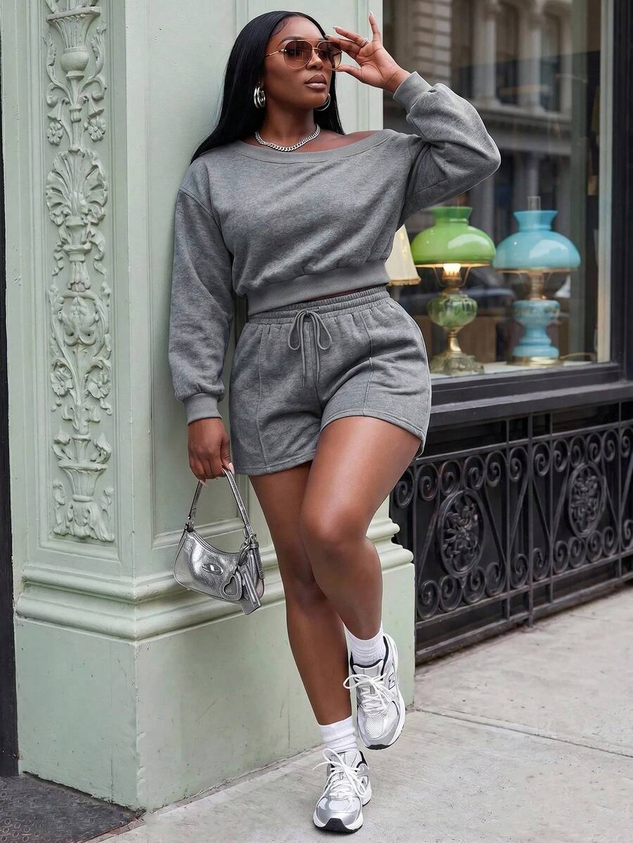 Slaydiva Plus Size Women's Asymmetrical Shoulder Long Sleeve Top And Shorts 2 Pieces Set Formal Vacation Grey Summer Casual Streetwear