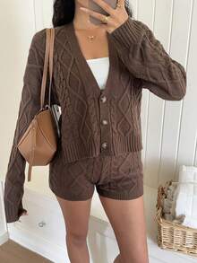 Autumina Vintage Casual Argyle Knit Dark Brown Sweater 2 Pieces Set Brunch Autumn - Coffee Brown - View 6