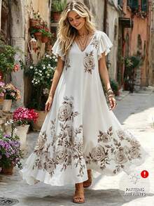 Holdful Holdful Women's V-Neck Ruffle Sleeve Short Sleeve Elegant Celestial Sexy Casual Boho Rose Pattern Floral White Dress A-Line Party Formal Summer - Multicolor - View 2