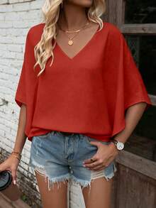 EMERY ROSE Solid Color V-Neck Loose Casual Holiday Short Sleeve Shirt Vacation Rust Summer - Red - View 7