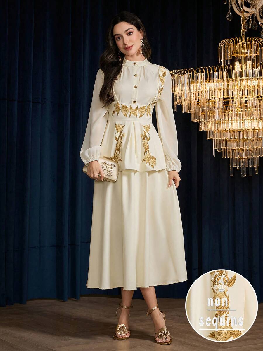 Modelyn 2 件女式花卉印花雪纺衬衫和 A 字裙套装,优雅浪漫 - 白色 - 查看 1