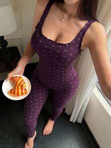 DAZY 甜美碎花無袖背心上衣與修身短版長褲2件套，女款春夏睡衣套裝 - 紫色 - 查看 1