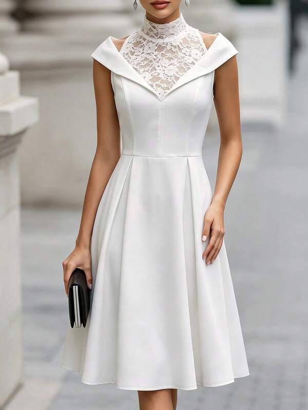 SHEIN فستان ميدي نسائي أنيق فرنسي بتصميم بسيط مزين بالدانتيل، فستان فاخر للعمل والمواعيد والحفلات والمناسبات الرسمية