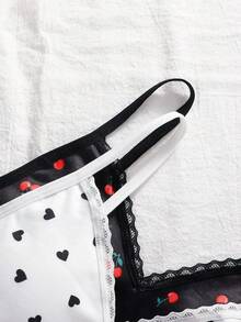 2pcs/Set Tween Girls Black & White Casual Minimalist Daily Wear, Heart & Cherry All-Over Print, Comfortable Soft Lace Sweet Camisole Underwear, Suitable For All Seasons - Multicolor - View 4