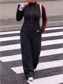 Muchica Plus Size Women's Casual Jacket With Frog Button Design And Zipper Front Black Autumn Fall - Black - View 6