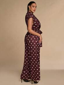 SHEIN BAE CURVE Plus Size Women's Business Polka Dot Tie-Up Jacket And Loose Long Pants Suit Set - Multicolor - View 3
