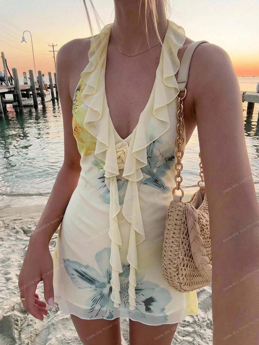 Aloruh 女款優雅浪漫度假風荷葉邊網紗印花無袖迷你針織洋裝