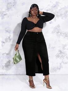 CurvyTilda Plus Size Casual Versatile Asymmetric Pockets Slit Denim Skirt Black - Black - View 2